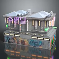 Cartoon Cyberpunk Building Scene With Neon Signs Multi Story Gray Exterior And Graffiti Decorations