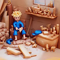 Little Blond Child In Wooden Workshop Surrounded By Handmade Animal Figures