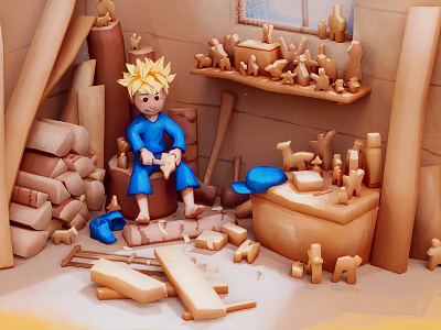 Little Blond Child In Wooden Workshop Surrounded By Handmade Animal Figures 3d model