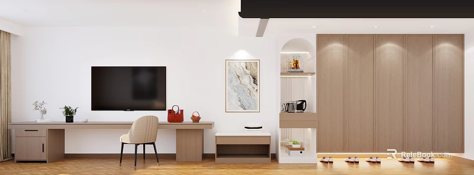 Modern Living Dining Room Interior Design With TV Artwork Wooden Display Cabinet And Decorations 3d model 