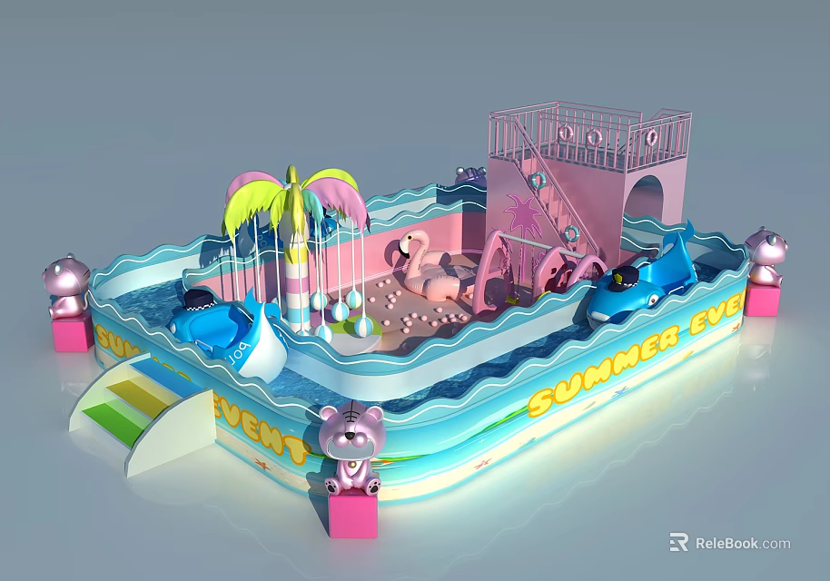 Colorful Summer Themed Kids Playground With Slides Flamingo Decor And Water Pool 3d model 
