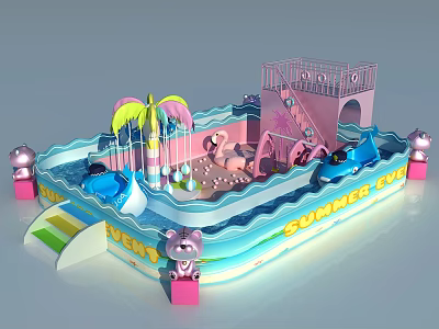 Colorful Summer Themed Kids Playground With Slides Flamingo Decor And Water Pool 3d model