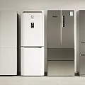 Multiple Modern Refrigerators in Different Styles White and Stainless Steel Haier Models