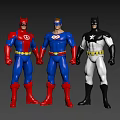 Three Superhero Action Figures Standing In Red Blue Black White Costumes With Yellow Belts