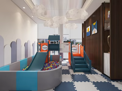 Colorful Children's Play Area With Cloud Lights Slide Ball Pit Block Floor And Wooden Wall 3d model