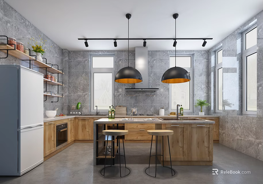 Industrial Kitchen Interior With Gray Walls Wooden Island Black Pendant Lights And Bar Stools 3d model 