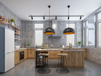 Industrial Kitchen Interior With Gray Walls Wooden Island Black Pendant Lights And Bar Stools 3d model