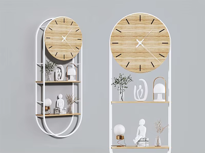 Modern Wall Mounted Cabinets With White Frame Wooden Clock And Decorative Display Shelves 3d model