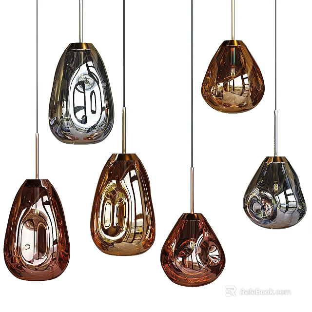 Multiple Modern Metallic Pendant Lights Featuring Glossy Geometric Shapes For Interior Decor 3d model