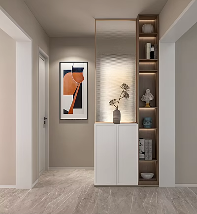 Modern Entryway Hallway With Decorative Artwork White Cabinet And Multi Tiered Shelving 3d model