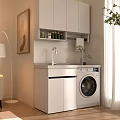 Modern Home Balcony Laundry Area With Sink Washing Machine White Cabinets And Small Potted Plant