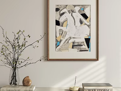 Framed Abstract Painting With Geometric Shapes On Interior Wall Near Decorative Branches And Books 3d model