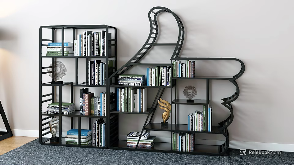 Black Modern Bookshelves With Thumbs Up Design Multi Tier Shelves And Decorative Items 3d model 