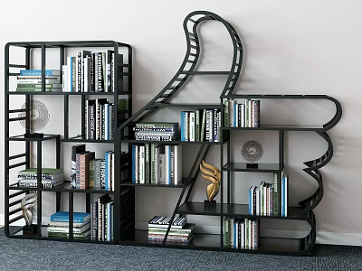 Black Modern Bookshelves With Thumbs Up Design Multi Tier Shelves And Decorative Items 3d model
