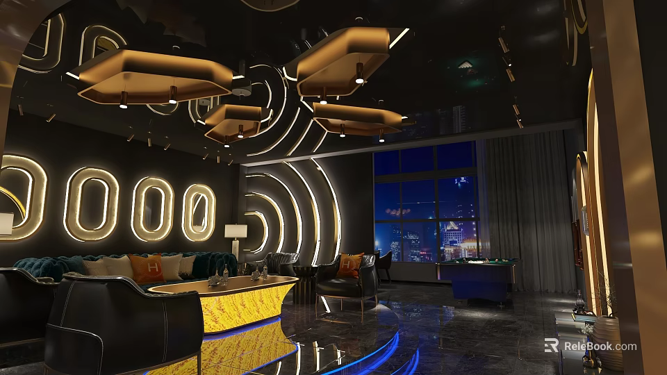 Modern KTV Interior With Lighting Design Comfortable Sofas Tables And City Night View 3d model 