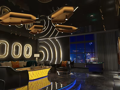 Modern KTV Interior With Lighting Design Comfortable Sofas Tables And City Night View 3d model