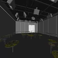 Illuminated Round Tables With Yellow Light Beams In Black Art Exhibition Space