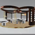 Modern Circular Exhibition Booth With Wooden Structure SIDORS Signage Central Table And Marble Elements