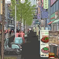 Bustling Shopping Street Featuring Shops Trees And Scooter On City Road