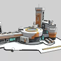 Futuristic Base Facility With Tower Labeled 3 Circular Central Structure Modular Buildings White Gray Orange