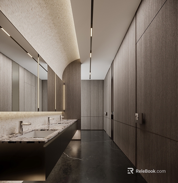 Elegant Modern Minimalist Bathroom With Double Sinks Long Mirror Wooden Walls And Black Floor Tiles 3d model 