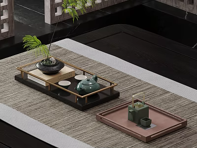 Elegant Tea Trays With Green Teapot Plant And Minimalist Table Setting 3d model