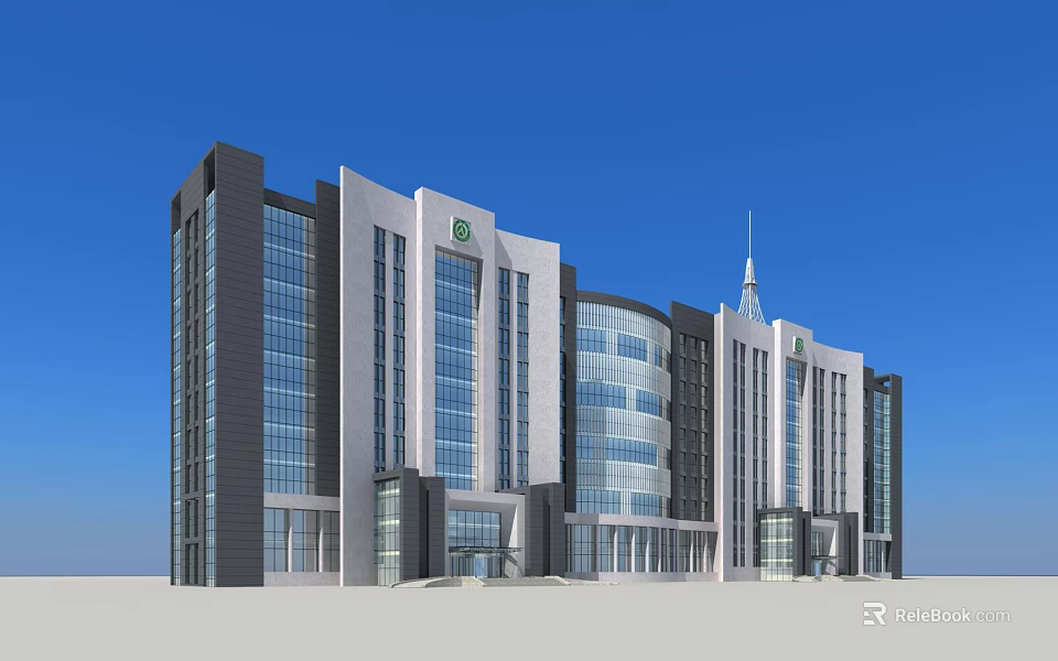 Modern Office Building Architecture Featuring Glass Curtain Walls And Tower Structure 3d model 