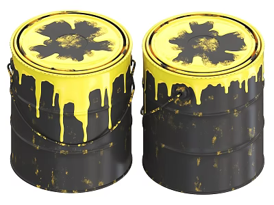 Two Industrial Paint Buckets With Yellow And Black Dripping Paint Stained Lids 3d model