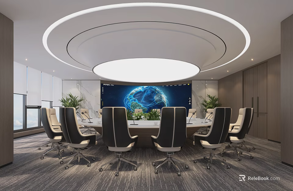 Modern Conference Room With Round Table Black White Chairs Large Screen Earth And Green Plants 3d model 