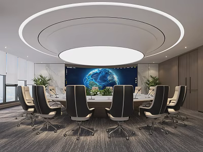 Modern Conference Room With Round Table Black White Chairs Large Screen Earth And Green Plants 3d model