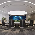 Modern Conference Room With Round Table Black White Chairs Large Screen Earth And Green Plants