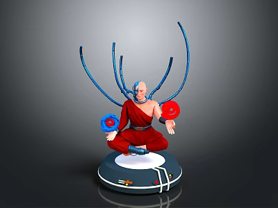 Futuristic Statue Sitting On Round Base With Blue Curved Tentacles And Red Blue Circular Objects 3d model