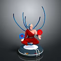 Futuristic Statue Sitting On Round Base With Blue Curved Tentacles And Red Blue Circular Objects