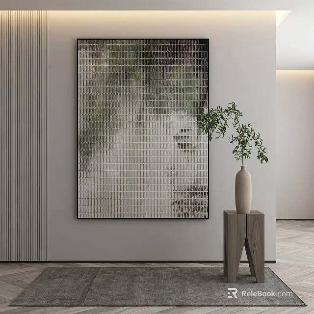 Mosaic Wall Art with Vase and Green Plant on Wooden Table in Modern Interior 3d model 