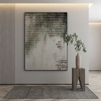 Mosaic Wall Art with Vase and Green Plant on Wooden Table in Modern Interior 3d model