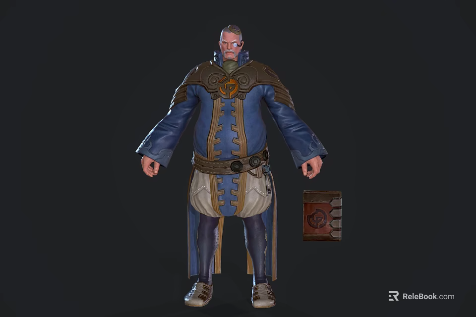 Fantasy Male Game Character In Blue Coat With Brown Accents Belt Holding Brown Container 3d model 