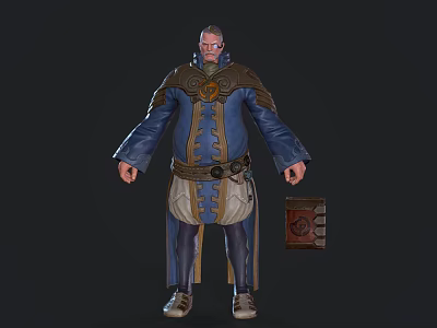 Fantasy Male Game Character In Blue Coat With Brown Accents Belt Holding Brown Container 3d model