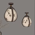 Two Chinese Pendant Lights Featuring Bamboo Pattern Beige Shade Brown Frame And Dried Branches Vase 3d model