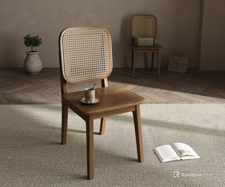 Woven Rattan Back Wooden Leisure Chair With Open Book Coffee Cup And Sunlit Rug 3d model 