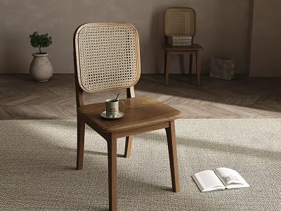 Woven Rattan Back Wooden Leisure Chair With Open Book Coffee Cup And Sunlit Rug 3d model