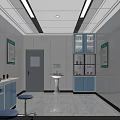 Medical Examination Room With White Walls Blue Curtains Green Notice Boards Countertops And Stools
