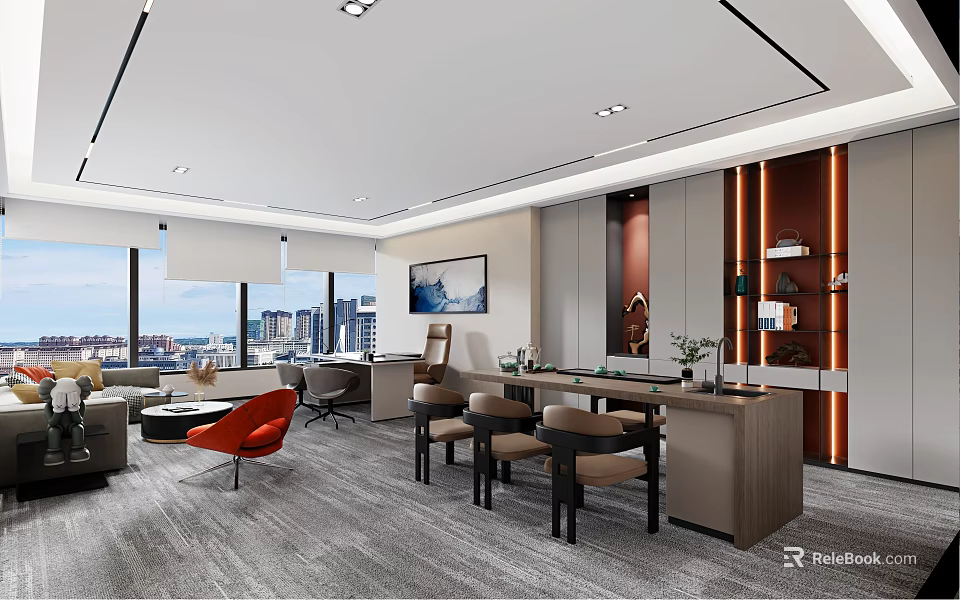 Modern Spacious Office Interior With Large Windows City View Lounge Area And Decorative Painting 3d model 