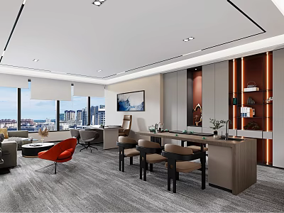Modern Spacious Office Interior With Large Windows City View Lounge Area And Decorative Painting 3d model