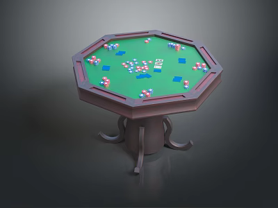 Octagonal Poker Table with Green Surface Featuring Playing Cards and Poker Chips 3d model
