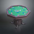 Octagonal Poker Table with Green Surface Featuring Playing Cards and Poker Chips 3d model