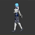 Futuristic Game Movie Character With Blue Hair White And Blue Outfit Holding Guns