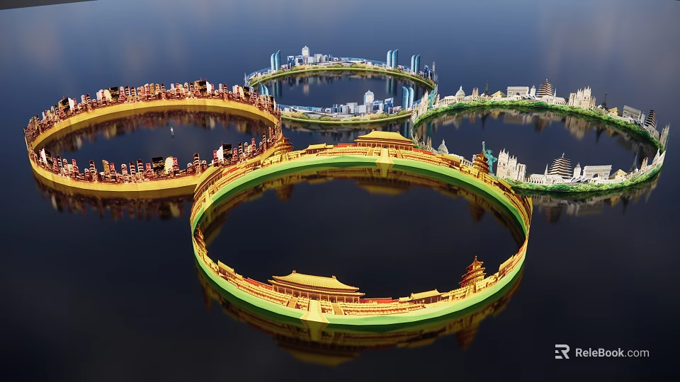 Background Wall Featuring Circular Structures Ancient Building Models And Modern City Buildings With Water Reflection 3d model