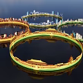 Background Wall Featuring Circular Structures Ancient Building Models And Modern City Buildings With Water Reflection 3d model
