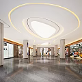 Modern Shopping Mall Lobby Interior With Curved Ceiling Lighting And Green Seating Area