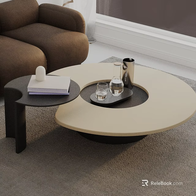 Brown Sofa And Round Coffee Table Set With Tray Side Table And Decorative Items 3d model